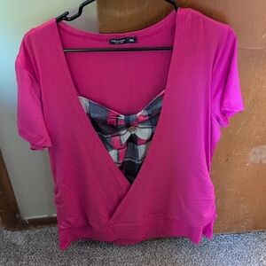Pink V-Neck Women's Top with Plaid Accent